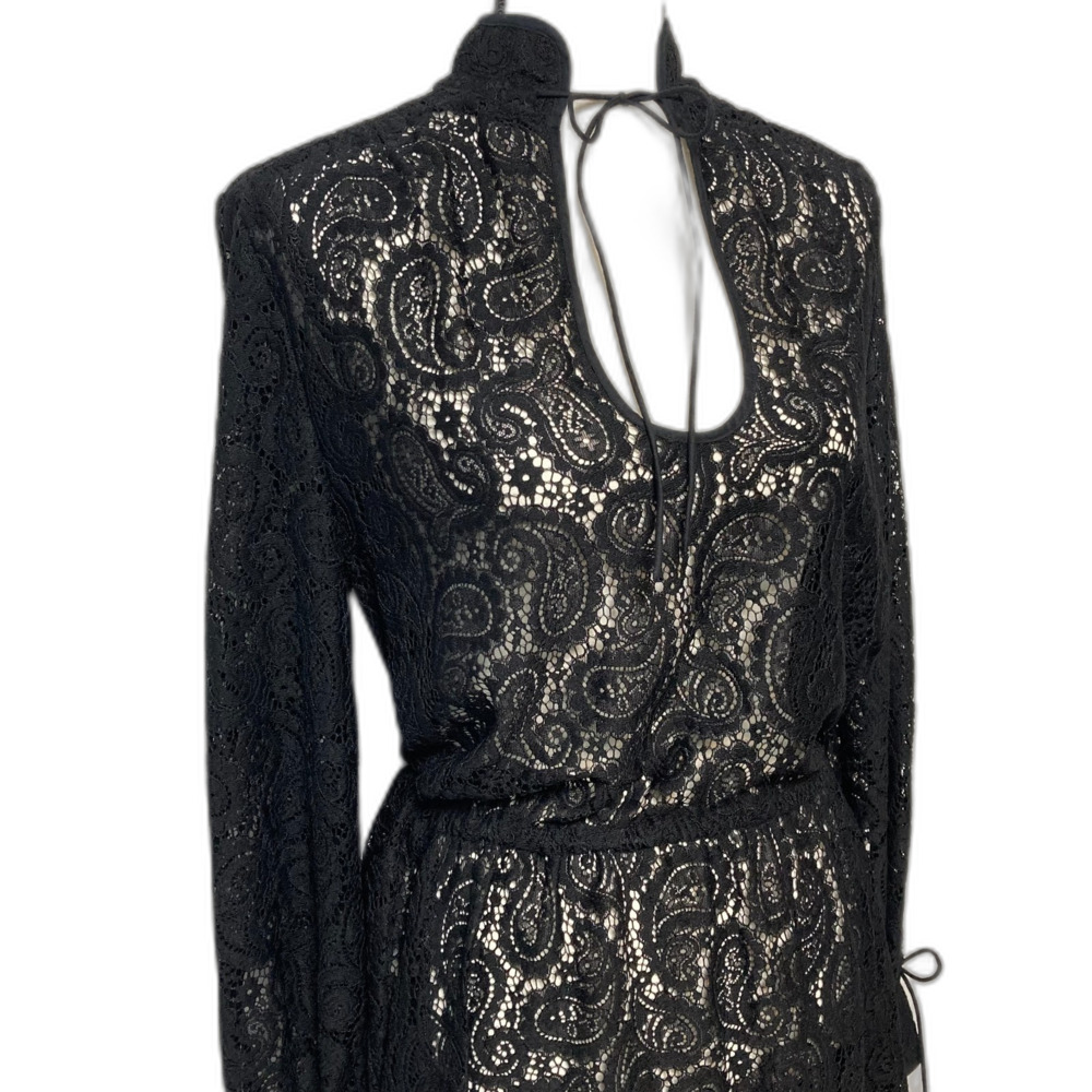 H&M Mock Neck Lace Dress Oversized Tie Neck Tie Waist Tie Cuff Rom Com Dress